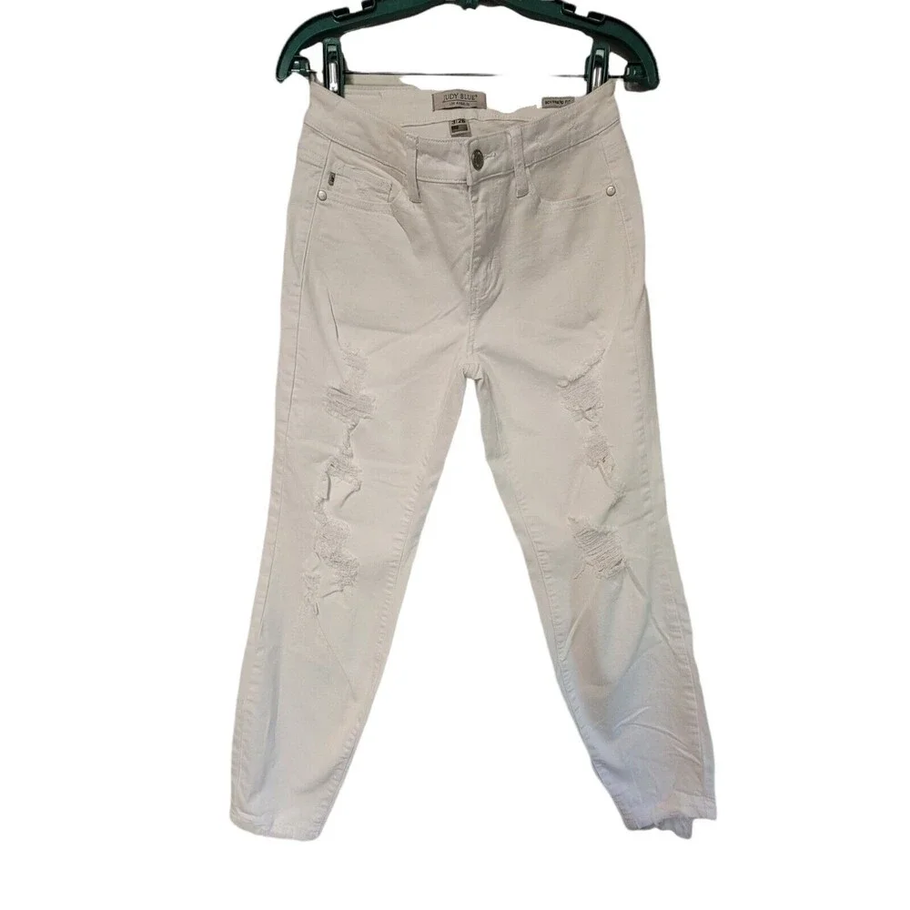 JUDY‎ BLUE Jeans Boyfriend Fit Straight Leg Cropped Size 3/26  WHITE Raw Hem